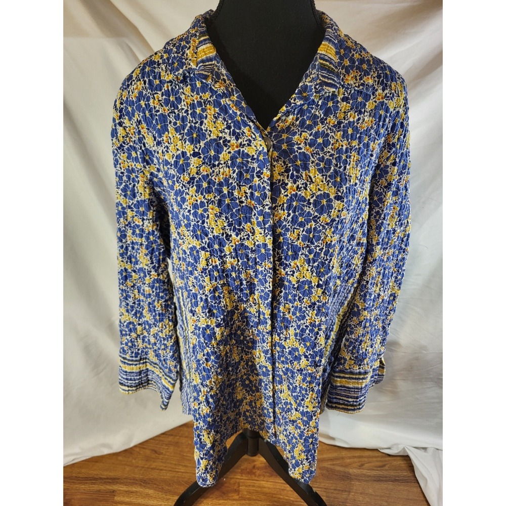 Habitat Navy Blue Floral Mixed Print Crinkle Cotton Button Front Blouse M